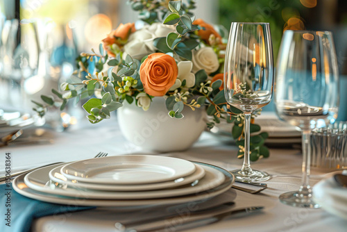 Table setting with white tablecloth and flowers. Catering for birthdays, weddings, celebrations. Generated by artificial intelligence