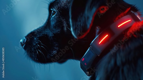 A closeup of a futuristic pet collar equipped with GPS tracking and health monitoring sensors