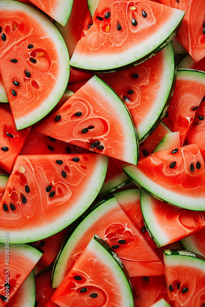 Fresh Watermelon Slices Neatly Arranged in a Pattern, Highlighting Juicy Red Texture