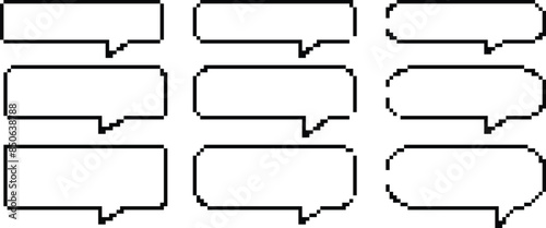 Pixel speech bubbles pack. Text boxes for chats and games. Vector illustration in 8 bit pixel art style.