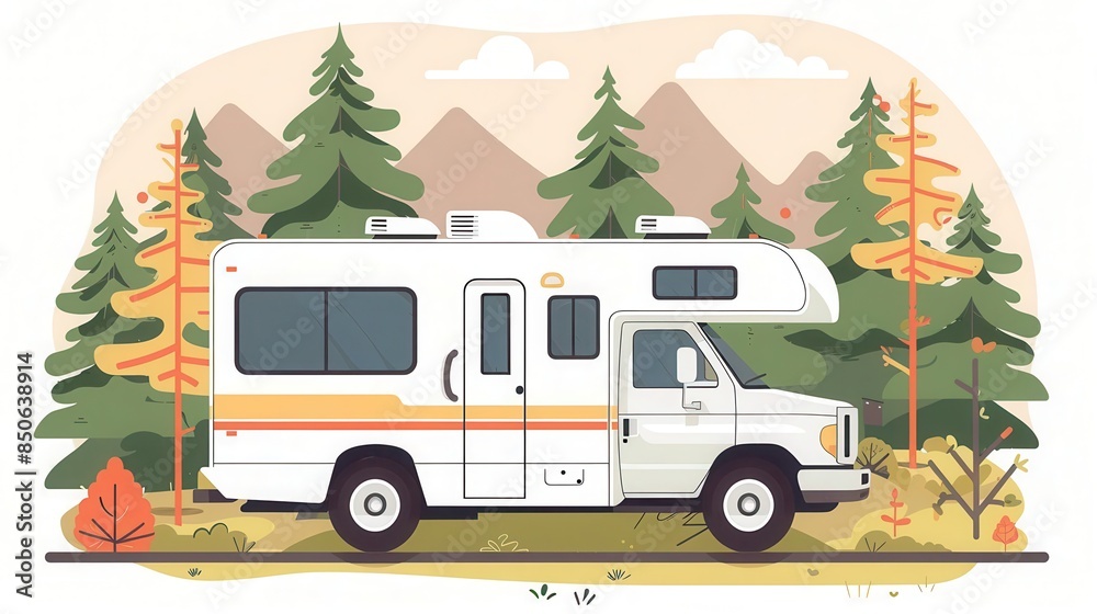 RV in the woods flat design side view travel escape cartoon drawing ...