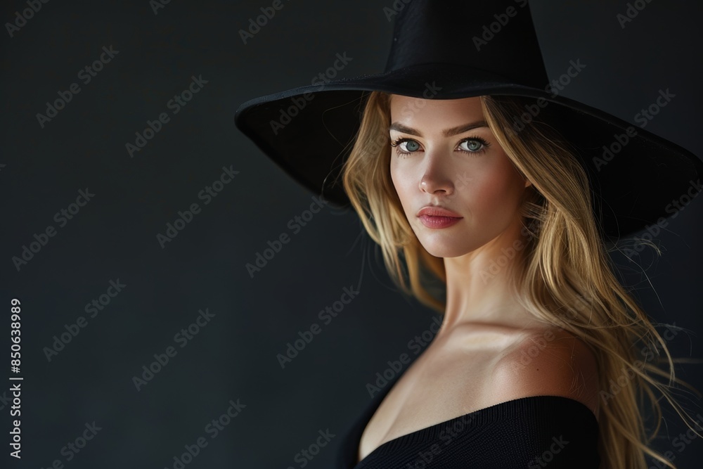 Gothic witch in halloween costume portrait of beautiful eerie woman with hat on dark background Gothic witch in halloween costume portrait of beautiful eerie woman with hat on dark background