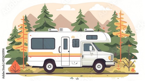 RV in the woods flat design side view travel escape cartoon drawing colored pastel