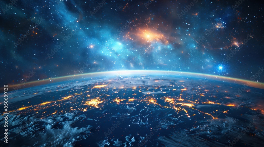Fototapeta premium Planet Earth in space with night view and city lights
