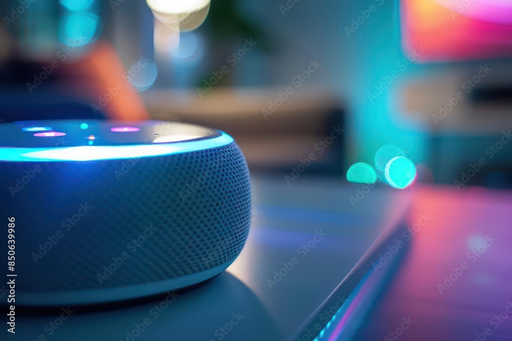 A closeup of a voiceactivated home assistant device with a holographic display providing news and reminders A closeup of a voiceactivated home assistant device with a holographic display providing news and reminders