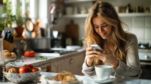 A woman enjoys a cup of coffee while checking her smartphone at the kitchen table. She is dressed for work and surrounded by a serene morning atmosphere. The table is set with a simple breakfast, and