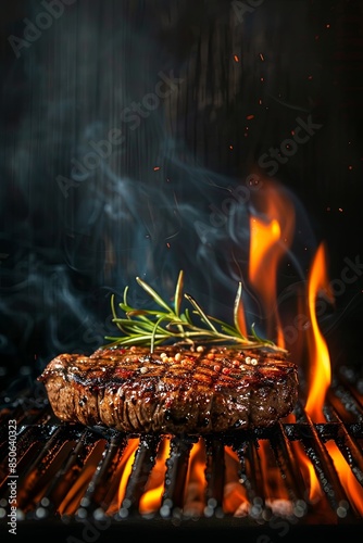 Steak meat on a stainless steel grill with flames on a dark background. Food and kitchen concept.