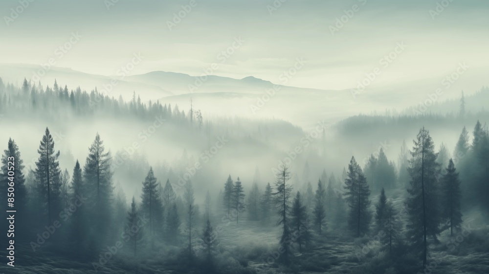 Obraz premium Misty landscape with fir forest in vintage retro style.