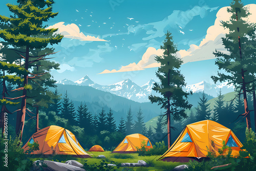 Nature camp landscape with tents, campfire, backpack, and lantern cartoon illustration