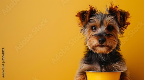 A cute Yorkshire Terrier puppy standing in a yellow bucket against a matching yellow background, looking curiously at the camera. photo