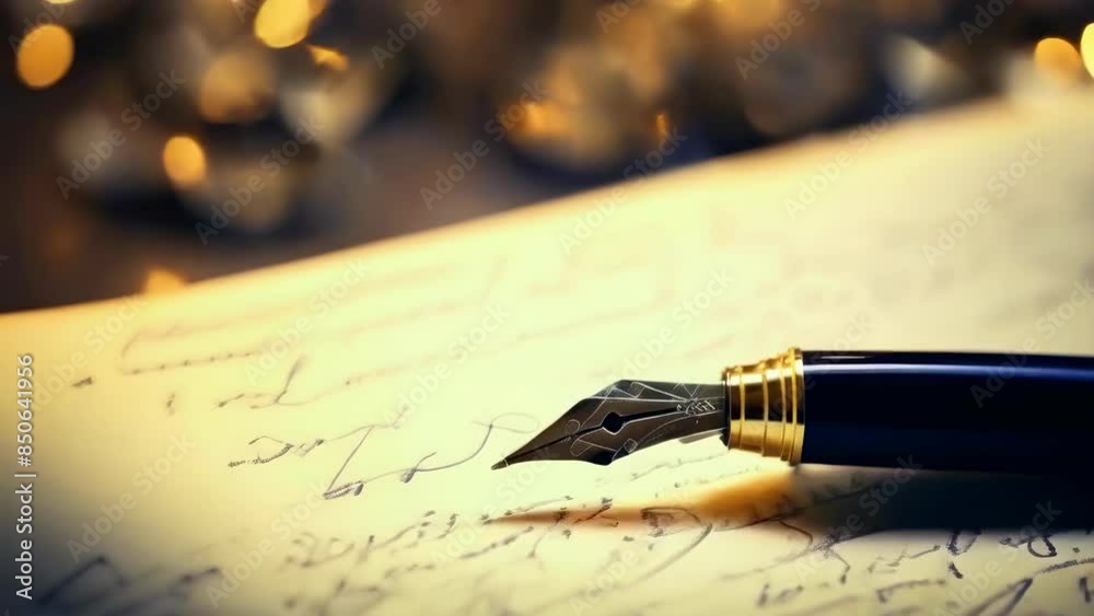 A close-up shot of a vintage fountain pen writing on antique paper, captured in warm, golden light. The scene exudes a nostalgic and classic feel, reminiscent of old-world charm.