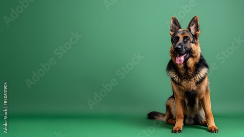 A German Shepherd dog sits on a green background, looking forward with a happy expression, showcasing its alert and friendly demeanor.