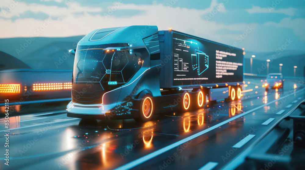 A futuristic delivery truck with a holographic dashboard displaying route information and traffic conditions A futuristic delivery truck with a holographic dashboard displaying route information and traffic conditions