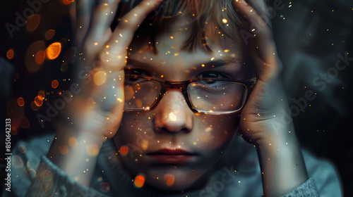 Close-up of a boy with glasses holding his head, surrounded by abstract lights. Concept of stress and mental health, ADHD.