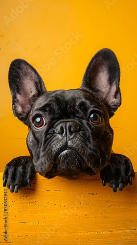 Adorable black French Bulldog with large ears peeking over a yellow background. Playful and curious expression. Perfect for pet lovers. photo
