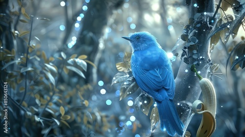 A luminescent indigo bird, almost ethereal, perched on a silver tree that twinkles under the moonlight. The bird clutches a banana, adding an element of the surreal to the enchanted forest background. photo