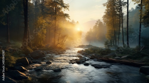Misty river winding through a lush forest at sunrise. © Muzamil