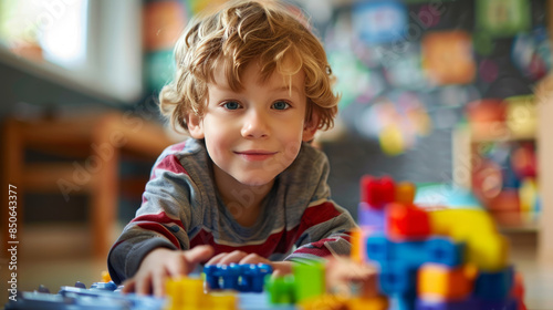 Young boy with disabilities playing with colorful building blocks in a classroom. Therapy for Child with special needs. Autism and sensory issues concept for design, poster, banner.