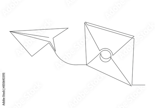 Continuous single line sketch drawing of envelope mail with flying paper plane sending letter and email message concept one line art vector illustration