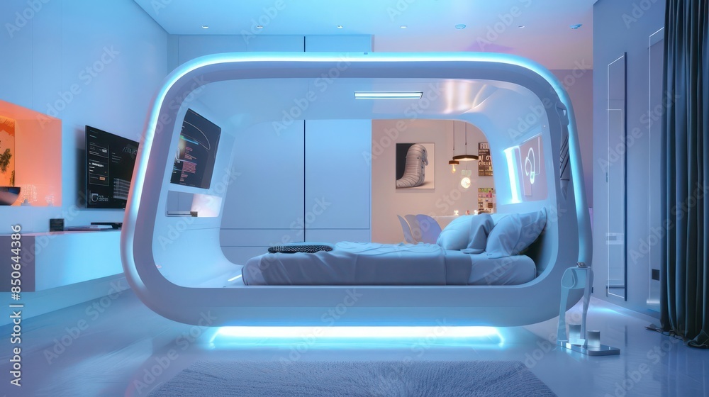 A hightech bedroom with a minimalist bed that monitors sleep patterns and adjusts firmness automatically A hightech bedroom with a minimalist bed that monitors sleep patterns and adjusts firmness automatically