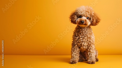 Adorable brown poodle dog sitting against a bright orange background, showcasing its curly fur and cute expression.