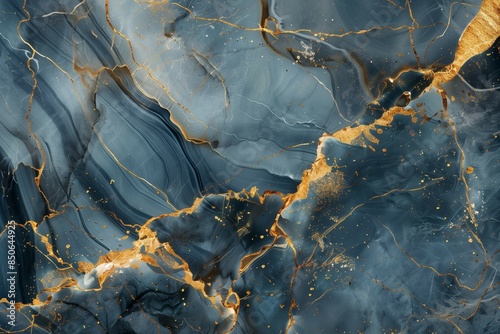 Abstract blue and gold marble texture with intricate veining and shimmering details.