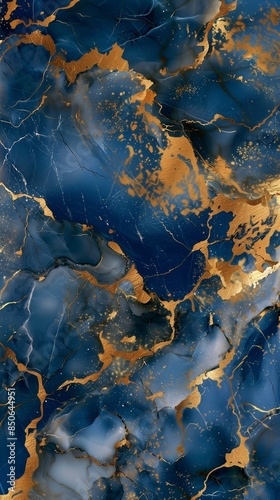 Abstract blue and gold marble texture with intricate veining and shimmering details.
