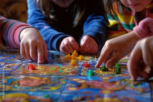 Close-up of kid's hands immersed in a board game, each move filled with concentration and anticipation, fostering fun and camaraderie in the gaming experience