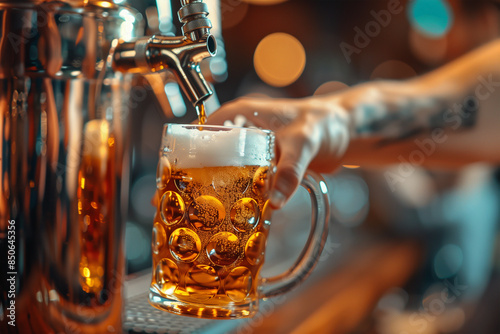 A Bartender Pouring a Frothy Beer Into a Glass Mug in a Bar