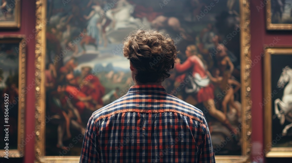 Create an atmospheric image capturing the back view of an adult immersed in contemplation while admiring renaissance style paintings within the serene ambiance of an old museum art gallery Create an atmospheric image capturing the back view of an adult immersed in contemplation while admiring renaissance style paintings within the serene ambiance of an old museum art gallery
