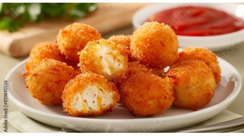 In a captivating food composition, cheese croquettes, fried to perfection, are elegantly presented on a plate, their crunchy texture and cheesy goodness ready to entice any palate