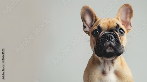 Adorable French Bulldog puppy with large ears and curious eyes sitting against a plain background, showcasing its cute and engaging expression. © Tackey