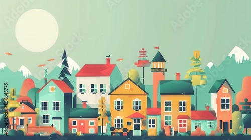 small town adventure flat design side view charming landmark animation Splitcomplementary color scheme