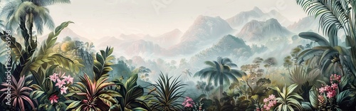 Colorful tropical rainforest. palm leaves and other plants. Aloha textile collection. Tropical forest with dense vegetation of trees, shrubs and vines. AI generated illustration photo