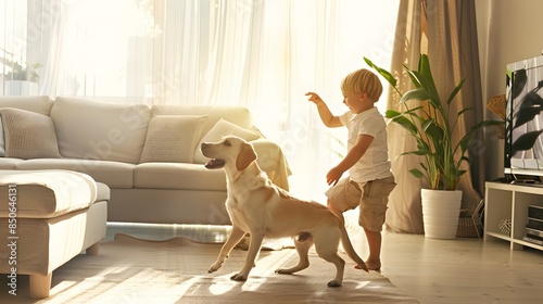 Toddler joyfully playing with a Labrador in a sunlit, cozy living room. photo