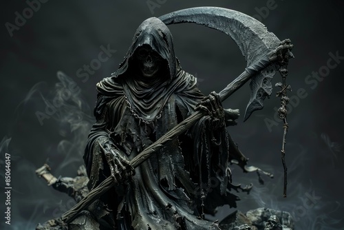 An eerie sculpture of the grim reaper with a scythe surrounded by mist photo