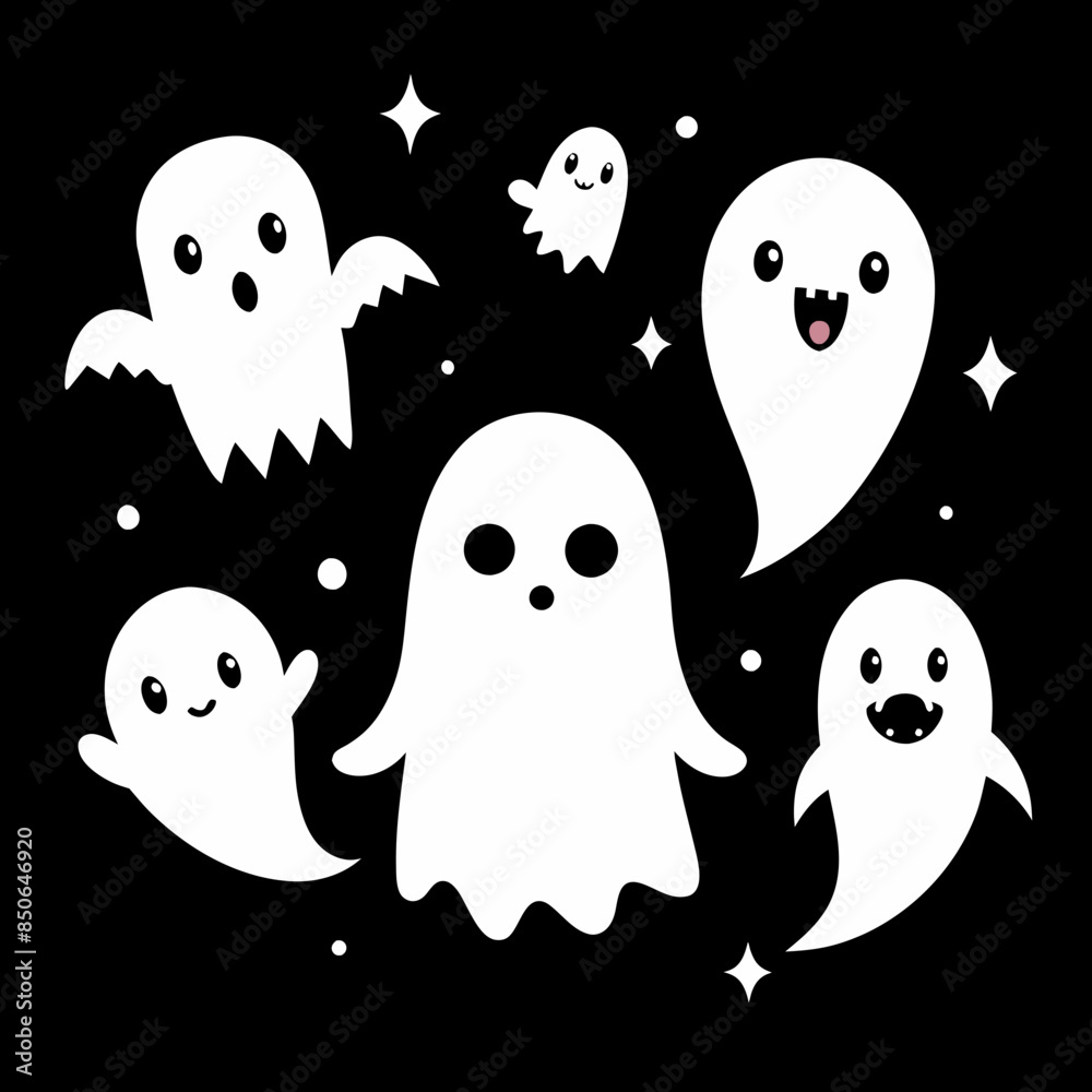 A cute group of five cartoon-style ghosts is floating A cute group of five cartoon-style ghosts is floating
