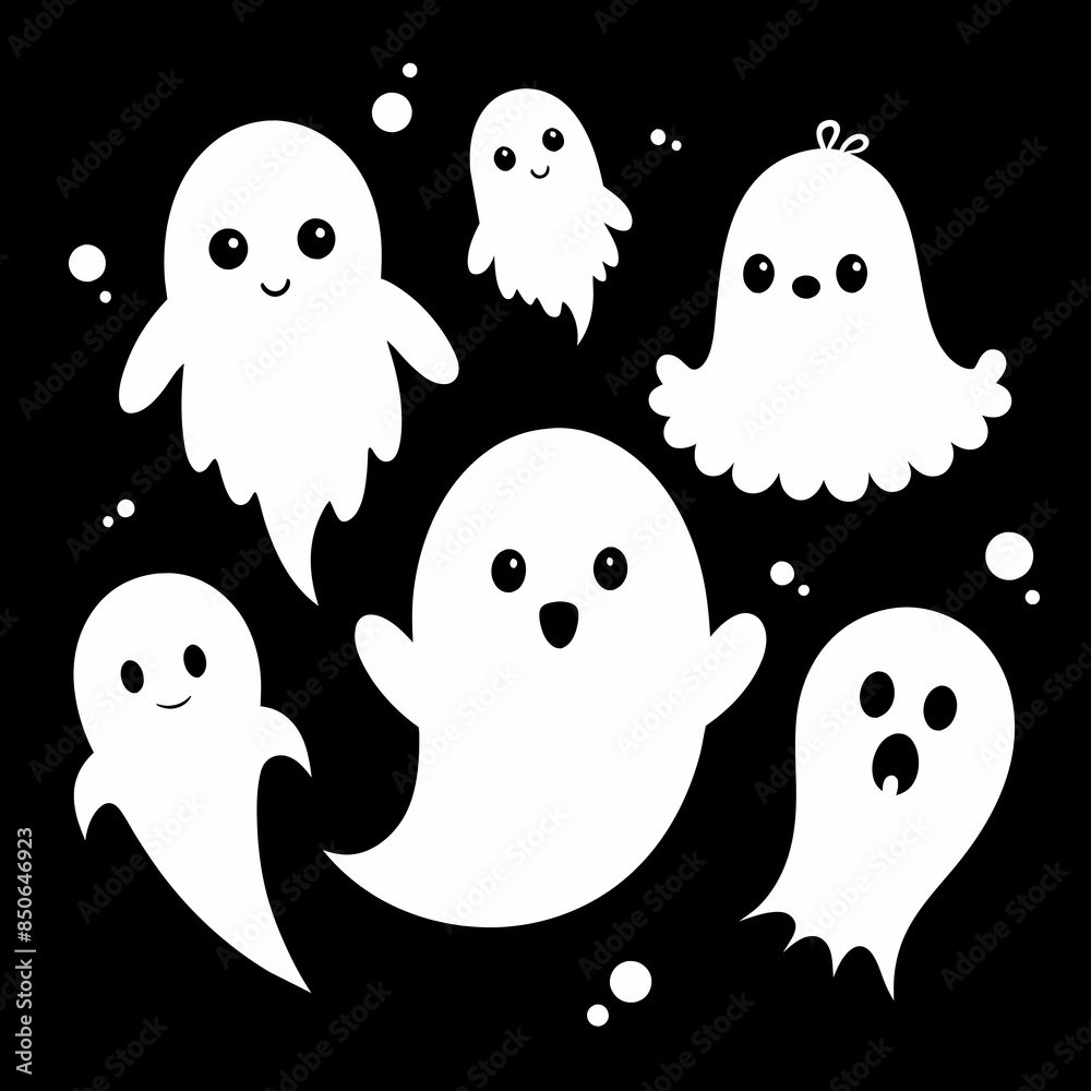 A cute group of five cartoon-style ghosts is floating A cute group of five cartoon-style ghosts is floating