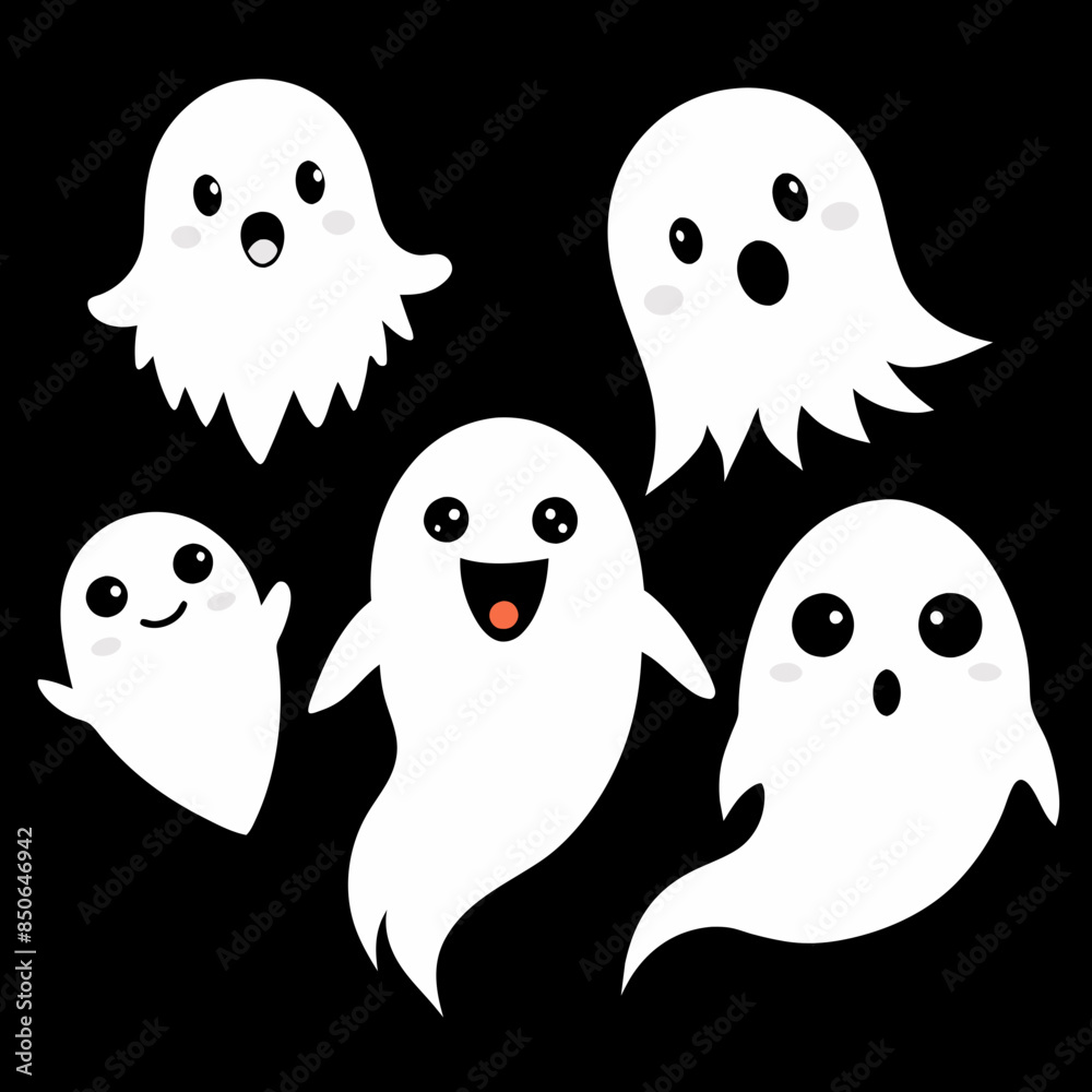 A cute group of five cartoon-style ghosts is floating A cute group of five cartoon-style ghosts is floating