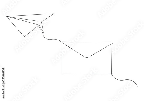 Continuous single line sketch drawing of envelope mail with flying paper plane sending letter and email message concept one line art vector illustration