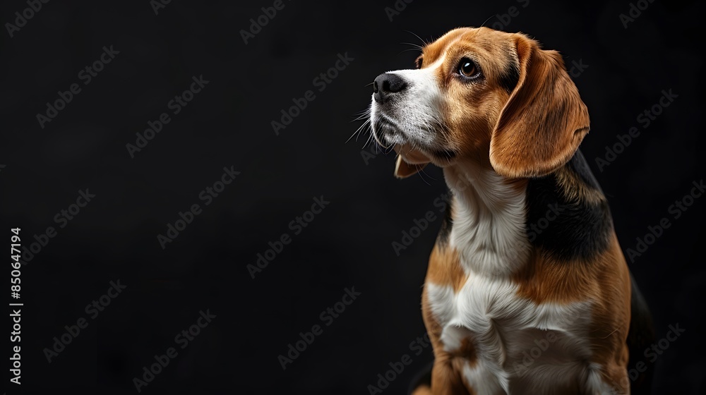 Beagle dog sitting and staring intently against a dark background, showcasing its expressive eyes and smooth coat.