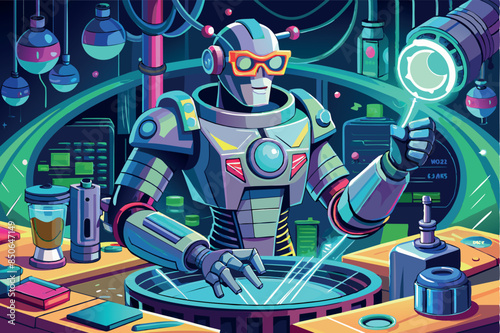 a robot with a humanoid form and a digital face. he holds something in his hand that looks like an antenna emitting signals. Around the robot are placed elements alluding to technological themes