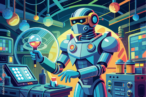 a robot with a humanoid form and a digital face. he holds something in his hand that looks like an antenna emitting signals. Around the robot are placed elements alluding to technological themes
