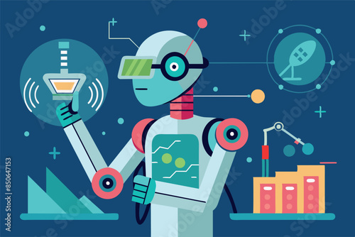 a robot with a humanoid form and a digital face. he holds something in his hand that looks like an antenna emitting signals. Around the robot are placed elements alluding to technological themes
