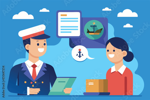  Illustration of a colorful harbor scene. It shows the captain holding papers and preparing tickets for passengers on a liner
