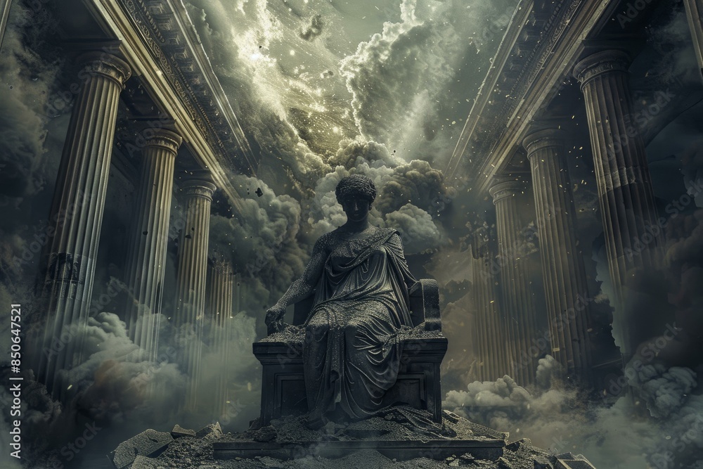 Striking statue sits surrounded by a surreal blend of clouds and light, evoking a dreamy, otherworldly scenery