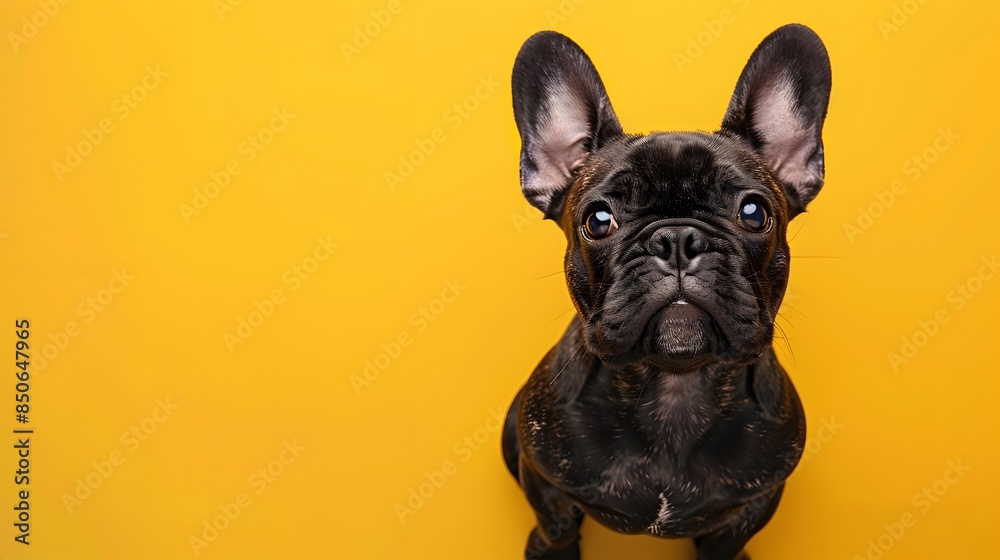 Close-up of an adorable French Bulldog with large ears and a serious expression on a vibrant yellow background.