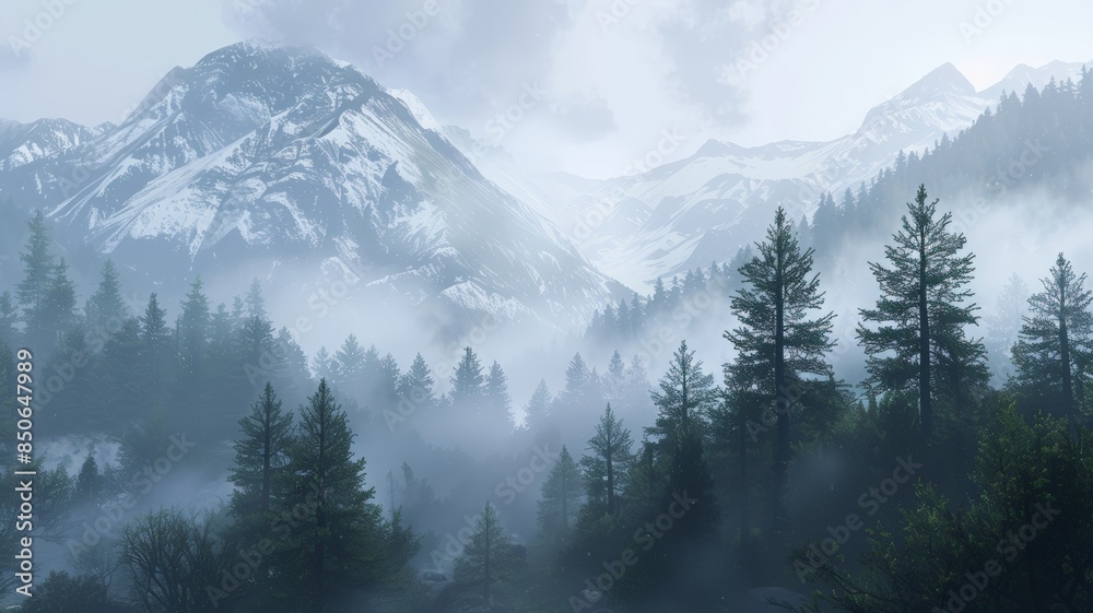 Fototapeta premium The majestic mountains are shrouded in mist, creating a serene and ethereal atmosphere. Evergreen trees stand tall, adding to the beauty of the landscape.