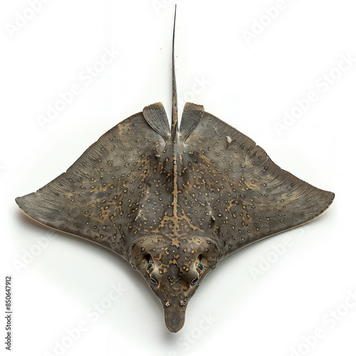 Top view of a Thornback Ray on a white background, showcasing its distinctive shape, patterns, and textures for educational purposes.