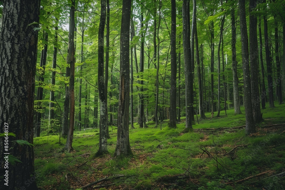 Serene forest scene with tall trees and vibrant green moss covering the forest floor Serene forest scene with tall trees and vibrant green moss covering the forest floor